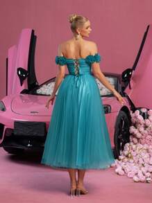 Off-Shoulder Tie-Up Backless Floral Applique Decor Sheer Prom Dress, Elegant Semi-Formal Dress Suitable For Birthday, Wedding Guest, Graduation Ceremony And Other Occasions - Teal Blue - View 2