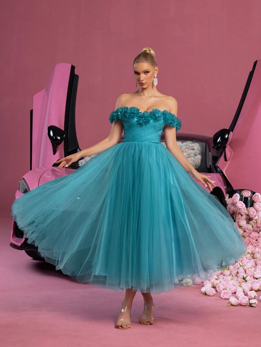 Off-Shoulder Tie-Up Backless Floral Applique Decor Sheer Prom Dress, Elegant Semi-Formal Dress Suitable For Birthday, Wedding Guest, Graduation Ceremony And Other Occasions - Teal Blue - View 1