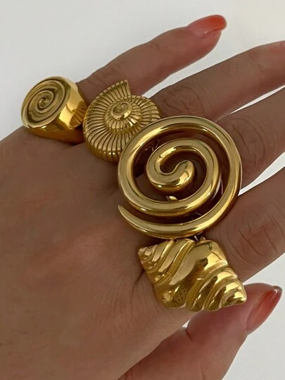 Stainless Steel Conch Croissant Glossy Spiral Hollow Chunky Open Rings For Women Summer Beach Fashion Holiday Jewelry Gift