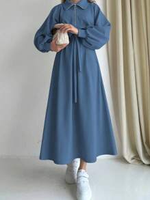 【优雅连衣裙】女士优雅长裙 | 纯色，灯笼袖，拉链半开襟，休闲阿拉伯风格长款连衣裙，端庄得体 - 不含头巾