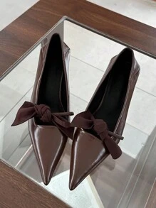Giày cao gót mũi nhọn màu đỏ rượu vang dành cho nữ, phong cách đi làm, điểm nhấn nơ, gót mỏng, xỏ ngón, hàng mới về mùa xuân/thu 2025, giày cao gót mèo con - màu nâu - Xem 3