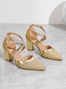 Women Gold Strap Pointed Toe Fashion High Heel Sandals, For Autumn/Winter - Gold - View 5