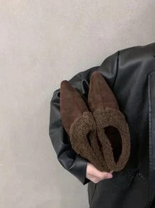 Maillard Farbige Damenschuhe, Neue Herbst/Winter 2024 Verdicktes & Gefüttertes Warmes Spitzschuh Ballerina, Vielseitige Mode Slim Fit Schlüpf-on Flauschiger Bund Loafers