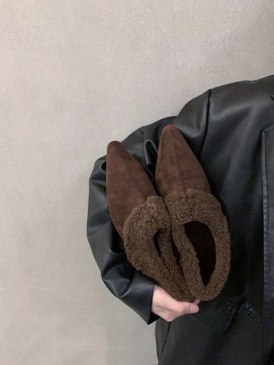 Maillard Farbige Damenschuhe, Neue Herbst/Winter 2024 Verdicktes & Gefüttertes Warmes Spitzschuh Ballerina, Vielseitige Mode Slim Fit Schlüpf-on Flauschiger Bund Loafers