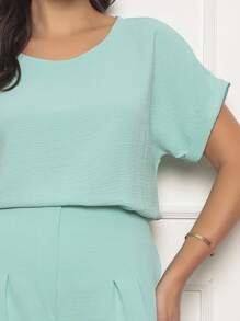 Women's Shorts And Blouse Set - Monochromatic Pleated Details And Elastic Waistband - Casual / Occasional Dune Fabric - Nước xanh - Xem 2