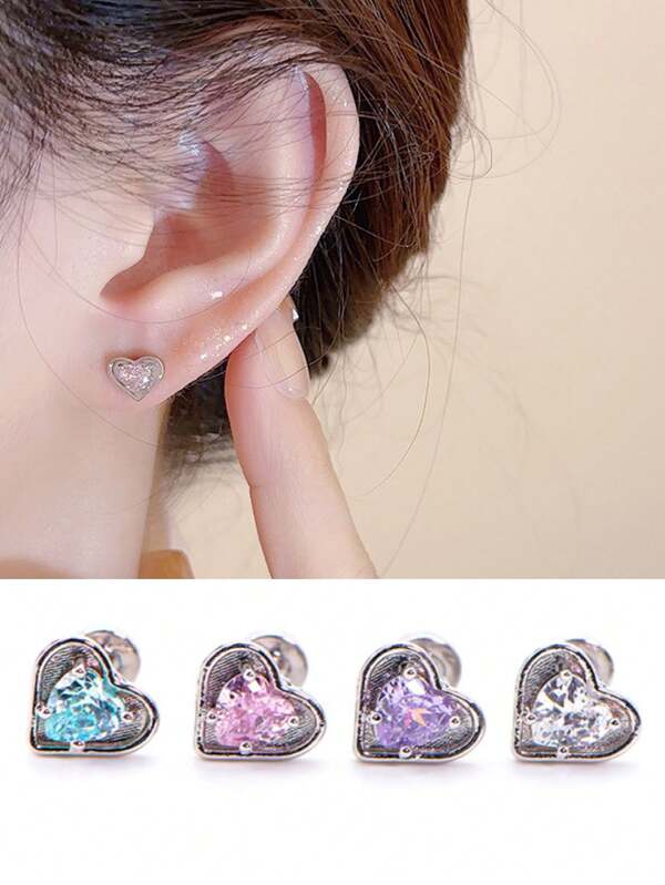 1pc Hypoallergenic Titanium Steel Heart Shaped Rhinestone Earring Stud, Korean Style Simple & Sweet, 5A Grade Zirconia, Suitable For Sensitive Ears, Unisex, Minimalist Chic, Lightweight Piercing Earring Jewelry
