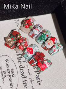 10 件圣诞格子短方形假指甲带 3D 圣诞老人铃铛、圣诞花环、雪人、红色蝴蝶结、驯鹿装饰假指甲，手工美甲配件，适合秋冬季 - 彩色 - 查看 3