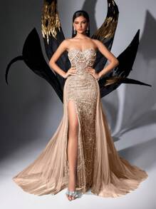 LUVISTRUE 魅力女神亮片派对正式礼服，奢华女士晚礼服，适合红毯、生日派对、毕业舞会、盛大晚宴、慈善舞会、颁奖典礼等场合，纯色无肩带网纱系带开衩连衣裙 - 杏色 - 查看 4