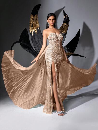 Vestido de fiesta formal con lentejuelas glamoroso de diosa, vestido de noche de lujo para mujer adecuado para alfombra roja, fiesta de cumpleaños, baile de graduación, cena de gala, baile benéfico, ceremonia de premios, vestido de malla con abertura y lazo en unicolor sin tirantes