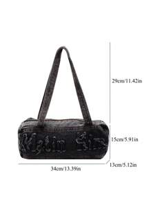 KVKY 2024 新款女式极简毛边设计字母图案装饰牛仔裤枕头包时尚潮流单肩包百搭腋下包，适合通勤和购物 - 黑色 - 查看 9