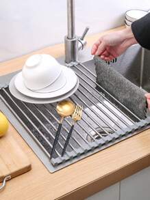 1pc, Roll Up Dish Drying Rack, Over The Sink Stainless Steel Multifunctional Dish Drain Rack, Portable Stainless Steel Rolling Rack, Sink Rack Mat, Kitchen Tools - Multicolor - View 4