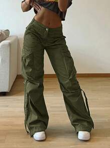Women's Y2K Streetwear Flap Pocket Strap Detail Loose Casual Wide Leg Parachute Cargo Pants - Army Green - View 6