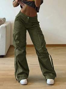 Y2K Street Flap Pocket Tape Detail Loose Casual Wear Szerokie Nogawki Spodnie cargo typu Parachute