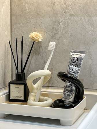 1pc Modern Art Style Ceramic Makeup Brush Holder, Toothbrush And Toothpaste Rack, Minimalist Desktop Storage Organizer, Suitable For Bedroom And Bathroom Home Bathroom Decor Fall Decor Back To School