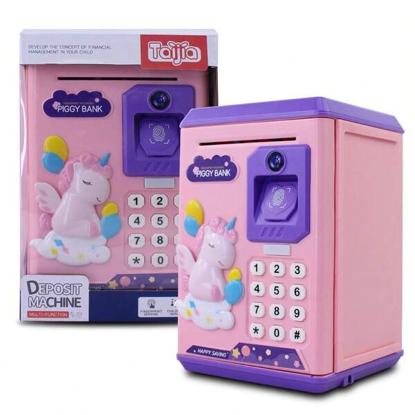 Playbox Electronics Alcancía para niños y niñas, banco electrónico de monedas con protección de contraseña, cajero automático, banco de ahorro, papel, dinero.