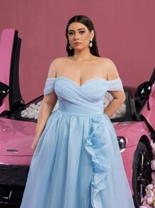 Faeriesty Plus Off Shoulder Ruffle Trim Split Hem Organza Formal Prom Dress - Baby Blue - View 7