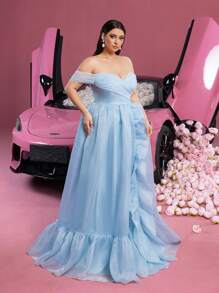 Faeriesty Plus Off Shoulder Ruffle Trim Split Hem Organza Formal Prom Dress - Baby Blue - View 6