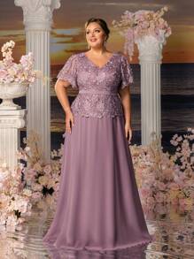 Faeriesty Mosy Plus 奢华新娘母亲晚礼服，配有手工刺绣蕾丝和飘逸雪纺裙 - 非常适合婚礼、红毯活动和晚会 - 淡紫色 - 查看 7