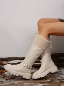 Bottes hautes pour femmes, nouvelles bottes au dessus du genou à patch en fourrure pour l'automne/hiver 2024, plateforme à semelle épaisse, doublure chaude, bottes sous le genou - Beige - Voir 4
