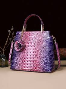 2-Piece Crocodile Print Handbag Set - Fashionable Vintage Style,Spacious, Secure, Ideal For Everyday Chic - 11# Tím + Hồng - Xem 2