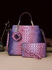 2-Piece Crocodile Print Handbag Set - Fashionable Vintage Style,Spacious, Secure, Ideal For Everyday Chic - 11# Tím + Hồng - Xem 1