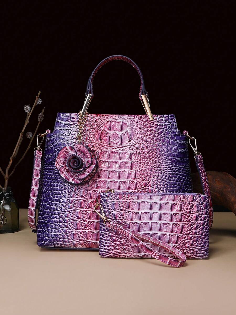 2-Piece Crocodile Print Handbag Set - Fashionable Vintage Style,Spacious, Secure, Ideal For Everyday Chic - 11# Tím + Hồng - Xem 1