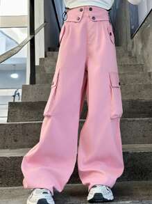 Pantalones cargo de unicolor de tiro alto para niña preadolescente con cuello vuelto y decoraciones en la cintura, diseño de pierna recta suelta, apropiado para la escuela, salidas y uso diario, primavera/verano/otoño - Rosa - Ver 2