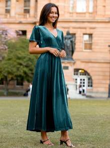 Women's Velvet Maxi Dress V Neck Short Sleeve Empire Waist Semi Formal Long Cocktail Dresses - Màu xanh ngọc - Xem 6