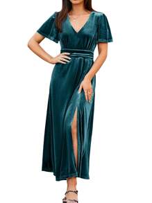 Women's Velvet Maxi Dress V Neck Short Sleeve Empire Waist Semi Formal Long Cocktail Dresses - Màu xanh ngọc - Xem 4