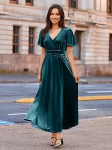 Women's Velvet Maxi Dress V Neck Short Sleeve Empire Waist Semi Formal Long Cocktail Dresses - Màu xanh ngọc - Xem 1