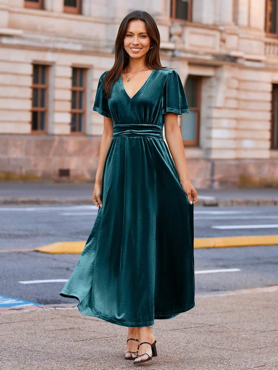 Women's Velvet Maxi Dress V Neck Short Sleeve Empire Waist Semi Formal Long Cocktail Dresses - Màu xanh ngọc - Xem 1