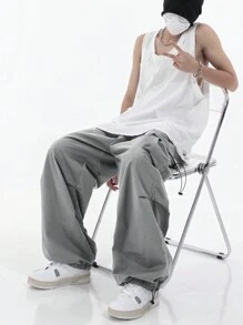 American Paratroops Style Cargo Pants, Men High Street Design Loose Hiphop Trousers, Unisex Wide Leg Straight Casual Pants, Men Outdoor Street Style, Fall - Light Grey - View 3