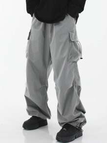 American Paratroops Style Cargo Pants, Men High Street Design Loose Hiphop Trousers, Unisex Wide Leg Straight Casual Pants, Men Outdoor Street Style, Fall - Light Grey - View 5