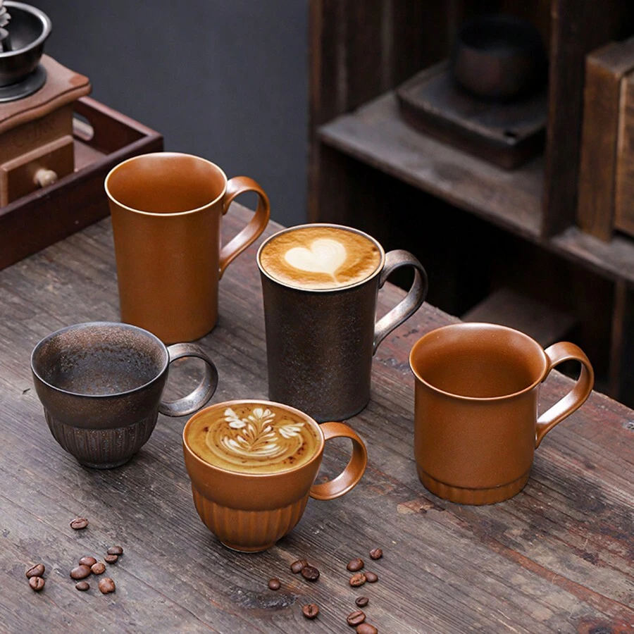 复古陶瓷咖啡杯碟套装，高品质厚陶瓷杯，家用拿铁奶泡杯，情侣水杯 - 棕色-鎏金馬克杯 - 查看 1