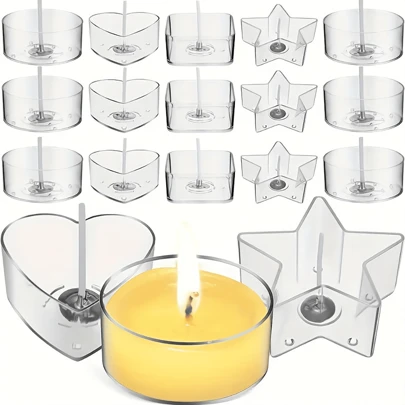16 delar/set för att göra ljus med värmeljus, 3,8 cm/1,49 tum värmebeständiga önskemuggshållare i plast, inkluderar 2 hjärtan, 2 fyrkantiga, 2 runda former, 10 st. 26 mm långa ljusvekar, för gör-det-själv-projekt