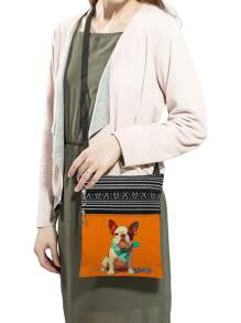 可爱又酷炫的法国斗牛犬图案斜挎包，男女通用可重复使用的单肩包，时尚邮差包，蝴蝶结印花储物袋，方便的单肩包，送给爱狗人士的礼物 - 橘色 - 查看 4