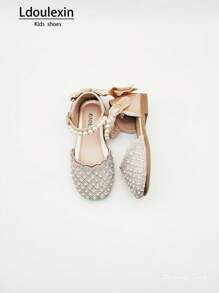 Nova chegada meninas princesa sapatos baixos peep-toe, pérola falsa e strass decoração borboleta crianças festa vestido sapatos, versátil para casual, festa, festival