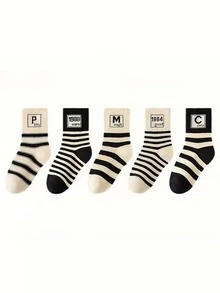 5 đôi tất cổ cao in chữ kẻ sọc số cho bé trai, mùa thu/đông - Màu be - Xem 3