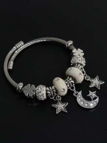 Women's Bracelet With Elegant Charms Pendants Studded White Moon And Star - STAINLESS STEEL - 銀色 - 查看 2