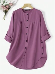 女士纯色袖口单排扣休闲衬衫，阿拉伯风格，朴素