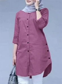 女士纯色袖口单排扣休闲衬衫，阿拉伯风格，朴素