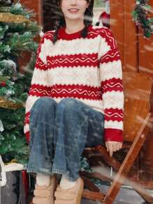 Suéter holgado casual de mujer con estampado navideño de punto - Rojo y blanco - Ver 5