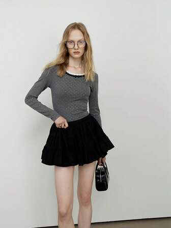 Minifalda plisada con pantalones cortos, cintura corta, color blanco de ROEYWANG