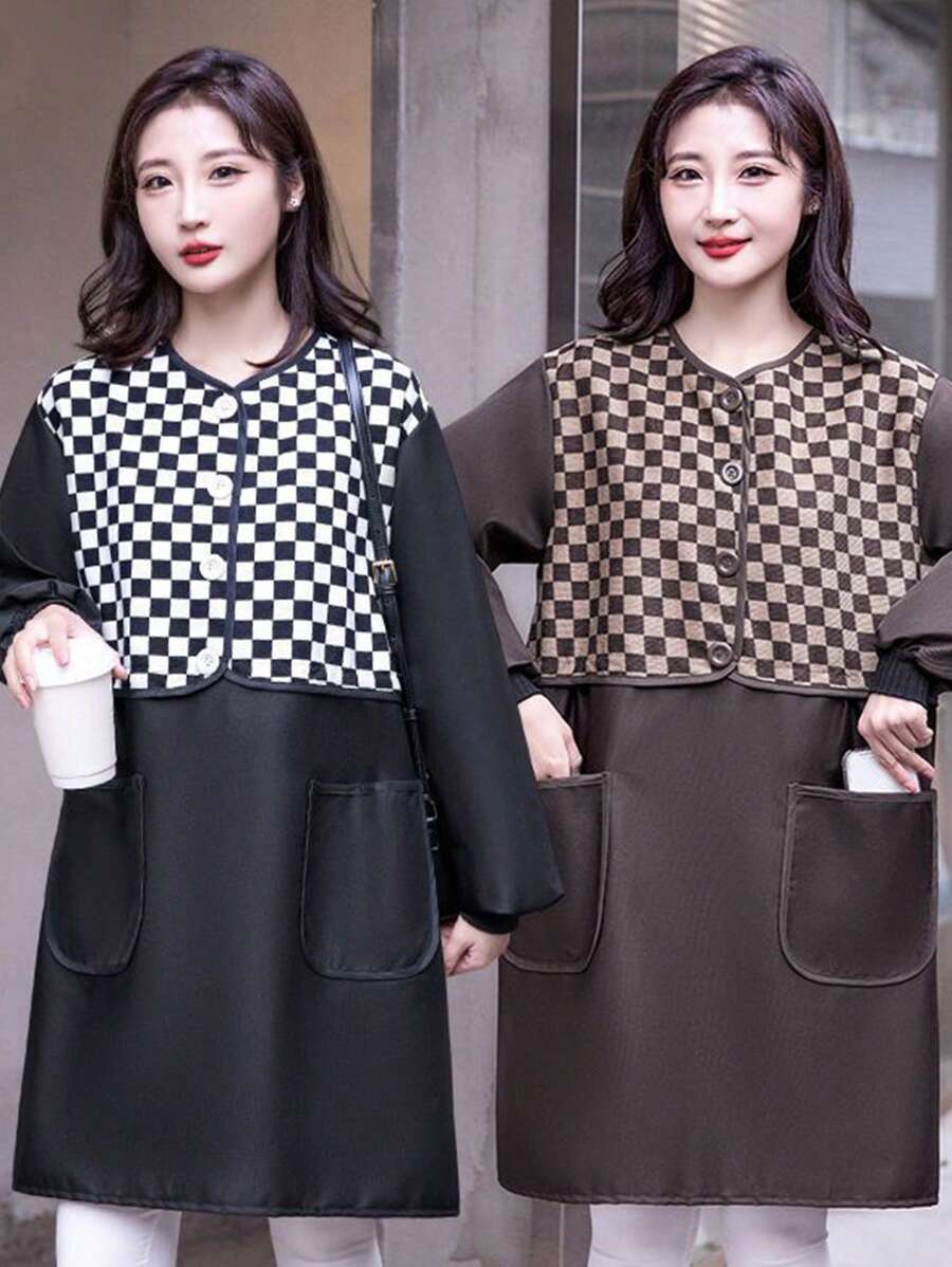 1 件圣诞加厚围裙，适用于家庭、咖啡店、厨房、餐厅、沙龙。防水、修身、褶皱围裙，防水、透气。家居厨房标志工作背心无袖女士。新款帆布棋盘厨房烹饪围裙，工作服 - 彩色 - 查看 1