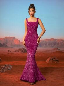 AOSHABABI<永恒经典，重现赫本时代的优雅之美>经典灰色方领天鹅绒亮片美人鱼风格正式晚礼服，适合所有正式场合，婚礼嘉宾，音乐节，节日派对，联欢晚会，约会，度假，舞会和伴娘 - 玫紅色 - 查看 2