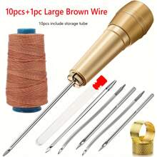Set de costura de 11/13 piezas con lezna de manija de cobre DIY, incluye 6 agujas, hilo de nylon marrón/negro/blanco, estuche de almacenamiento y 2 pinchos, apropiado para reparar, lona, tienda de campaña y zapatos (color de aguja y estuche al azar)