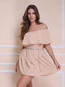 Romper Off The Shoulder Short Sleeve - 薑色 - 查看 3