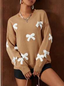 Women's Long Sleeve Sweater Contrast Color 3D Bow Drop Shoulder Round Neck Knitted Tops - Màu Khaki - Xem 2