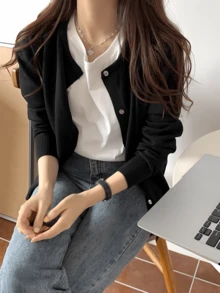 Cárdigan de punto para mujer, cárdigan con botones de color sólido para primavera y otoño, suéter de punto con cuello redondo - Negro - Ver 3