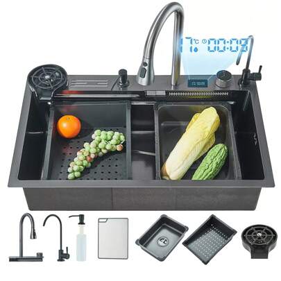 Saetow Gris pistola Fregadero de cocina de acero inoxidable Fregadero de Cascada con LED Pantalla de temperatura, Dispensador de jabón, un grifo purificador de agua, Lavavasos(75 * 45cm)